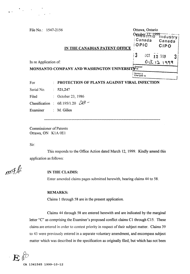 Canadian Patent Document 1341565. Prosecution Correspondence 19991012. Image 1 of 26
