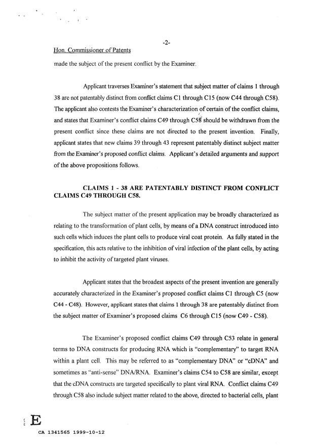 Canadian Patent Document 1341565. Prosecution Correspondence 19991012. Image 2 of 26