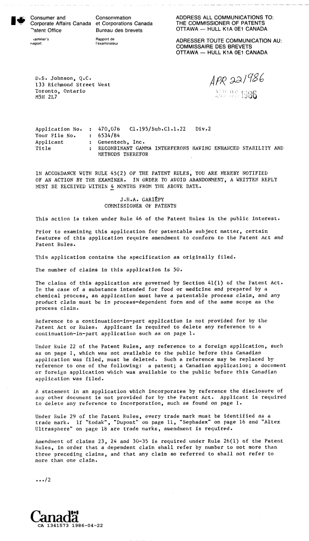 Canadian Patent Document 1341573. Examiner Requisition 19860422. Image 1 of 2