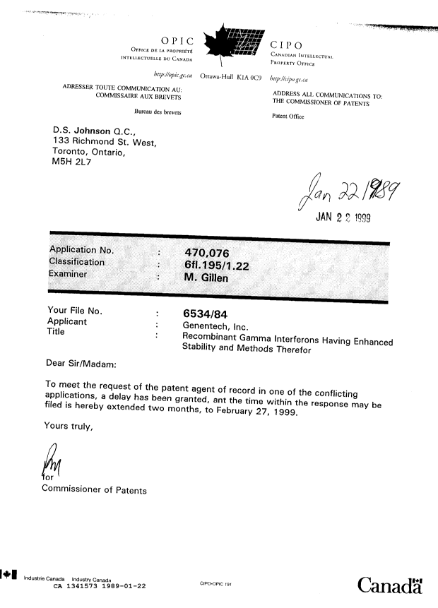 Canadian Patent Document 1341573. Office Letter 19890122. Image 1 of 1