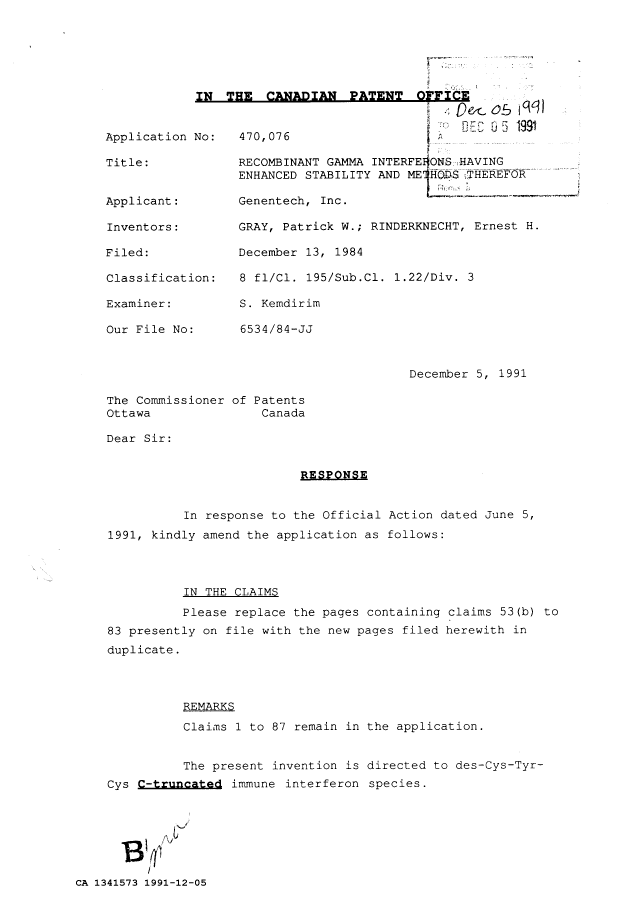 Canadian Patent Document 1341573. Prosecution Correspondence 19911205. Image 1 of 9