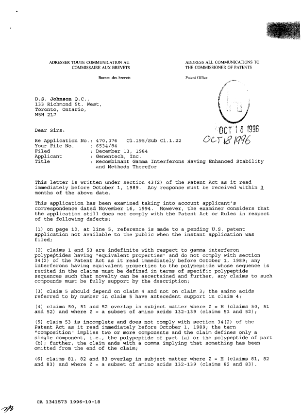 Canadian Patent Document 1341573. Examiner Requisition 19961018. Image 1 of 11