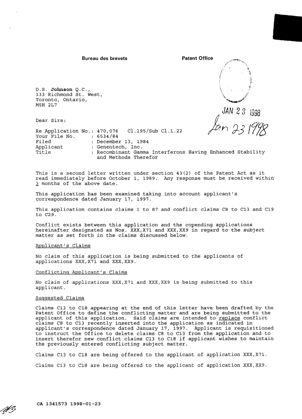 Canadian Patent Document 1341573. Examiner Requisition 19980123. Image 1 of 4