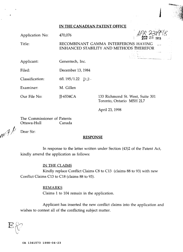 Canadian Patent Document 1341573. Prosecution Correspondence 19980423. Image 1 of 2