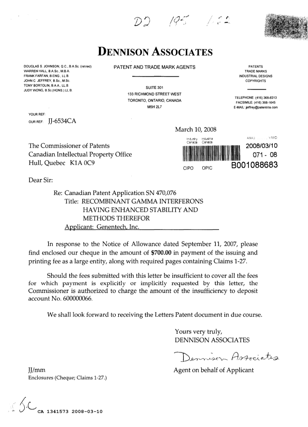 Canadian Patent Document 1341573. Prosecution Correspondence 20080310. Image 1 of 1