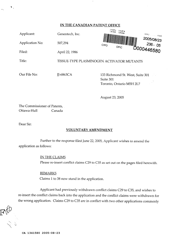 Document de brevet canadien 1341580. Correspondance de la poursuite 20050823. Image 1 de 2