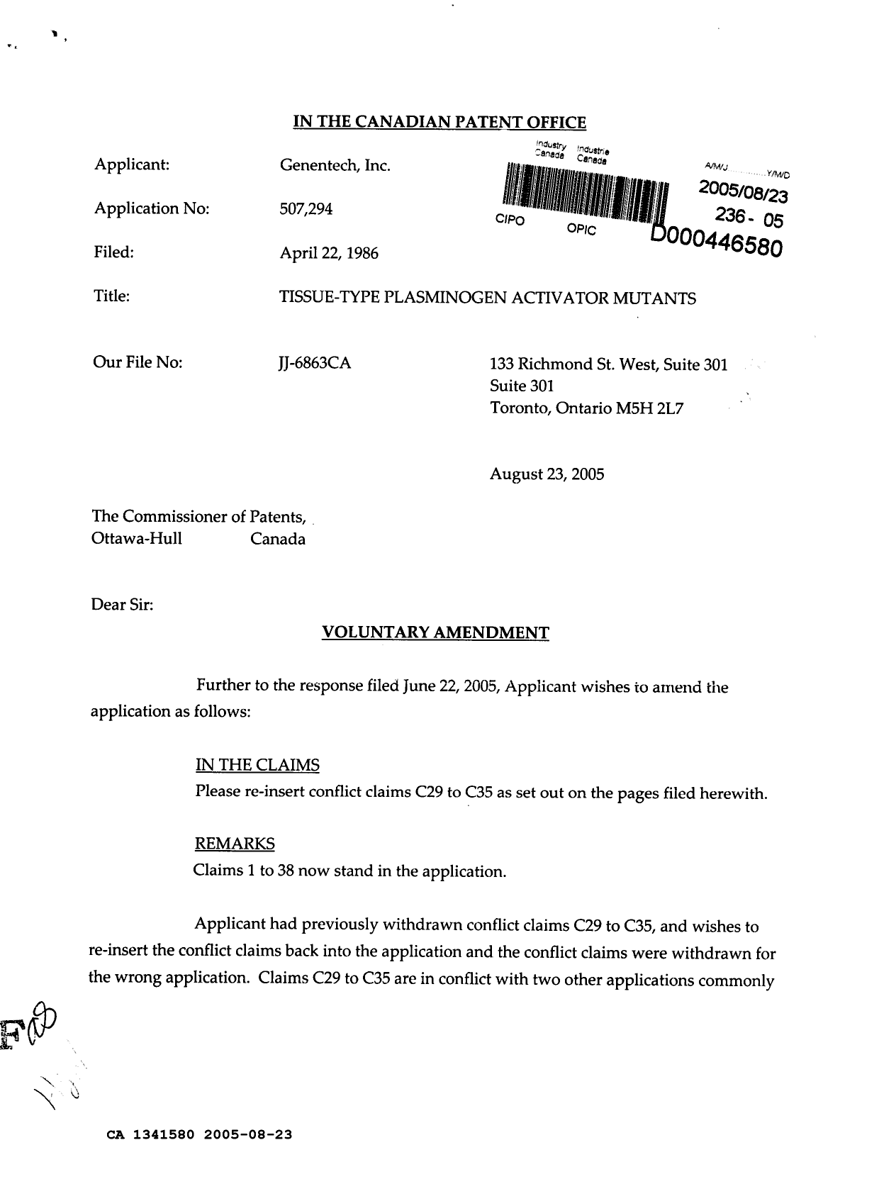 Canadian Patent Document 1341580. Prosecution Correspondence 20050823. Image 1 of 2