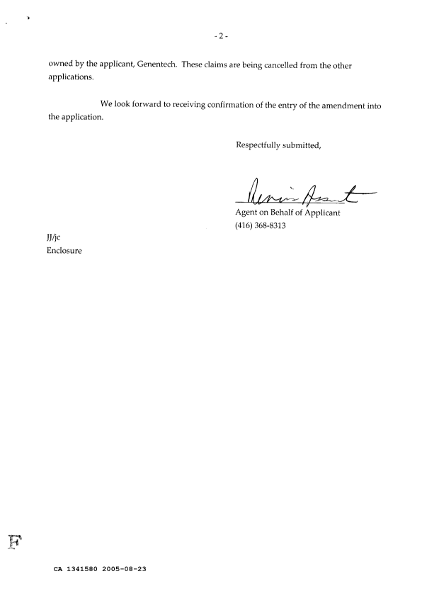 Canadian Patent Document 1341580. Prosecution Correspondence 20050823. Image 2 of 2