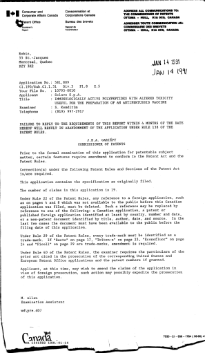 Canadian Patent Document 1341582. Examiner Requisition 19910114. Image 1 of 1