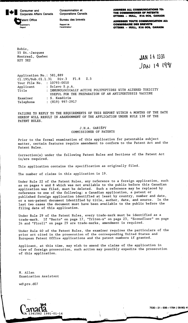 Canadian Patent Document 1341582. Examiner Requisition 19910114. Image 1 of 1