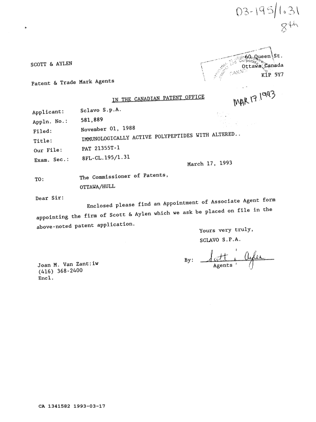 Document de brevet canadien 1341582. Correspondance reliée au PCT 19930317. Image 1 de 2
