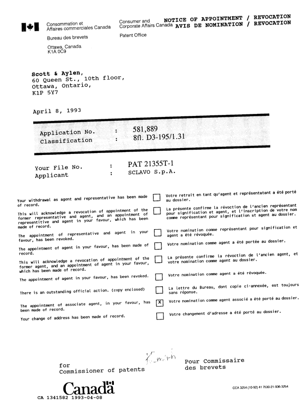 Document de brevet canadien 1341582. Lettre du bureau 19930408. Image 1 de 1