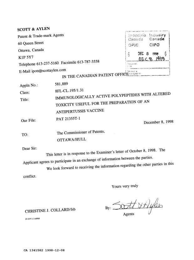 Document de brevet canadien 1341582. Correspondance reliée au PCT 19981208. Image 1 de 1