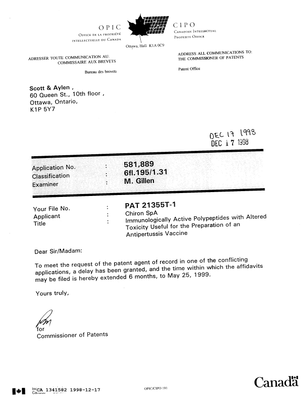 Document de brevet canadien 1341582. Lettre du bureau 19981217. Image 1 de 1