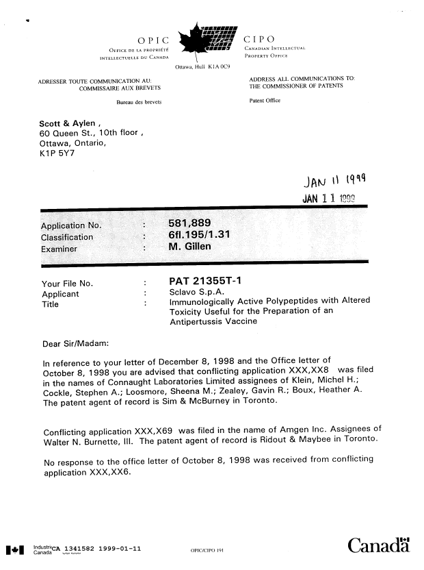 Document de brevet canadien 1341582. Lettre du bureau 19990111. Image 1 de 2