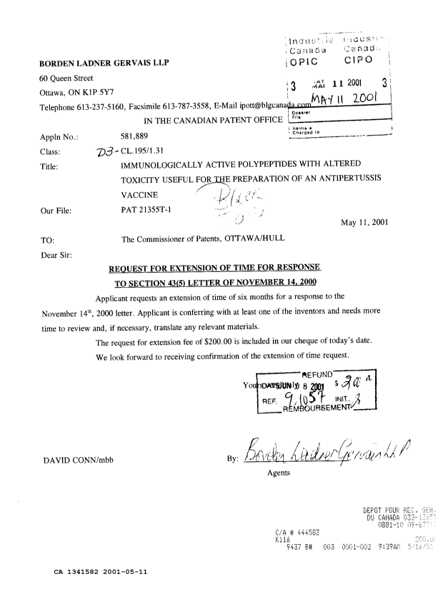 Document de brevet canadien 1341582. Correspondance reliée au PCT 20010511. Image 1 de 1