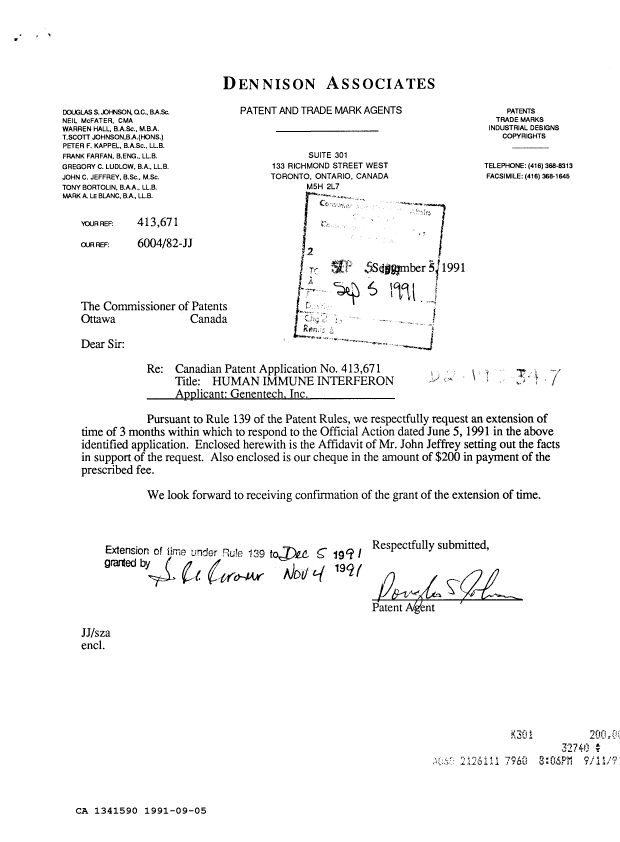 Document de brevet canadien 1341590. Correspondance de la poursuite 19910905. Image 1 de 2