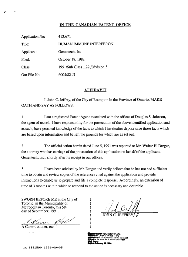 Canadian Patent Document 1341590. Prosecution Correspondence 19910905. Image 2 of 2