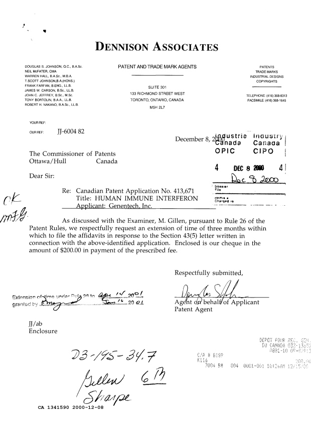 Document de brevet canadien 1341590. Correspondance reliée au PCT 20001208. Image 1 de 1