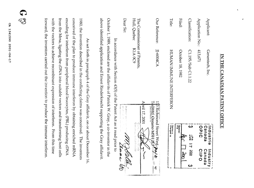Canadian Patent Document 1341590. Prosecution Correspondence 20010417. Image 1 of 14