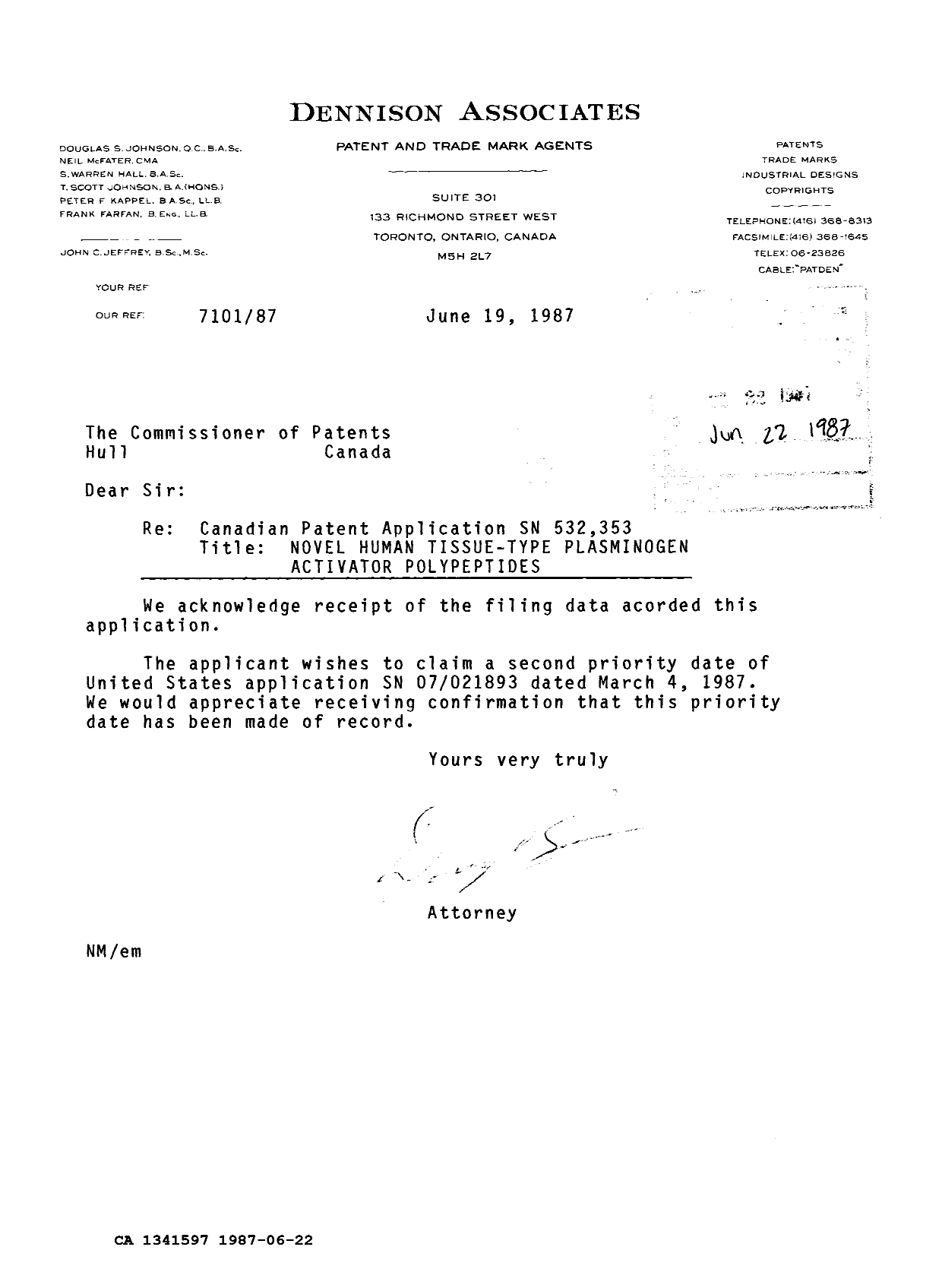 Canadian Patent Document 1341597. PCT Correspondence 19870622. Image 1 of 1
