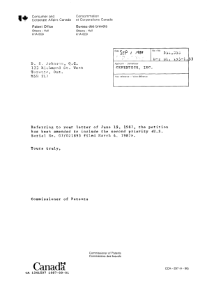 Canadian Patent Document 1341597. Office Letter 19870901. Image 1 of 1