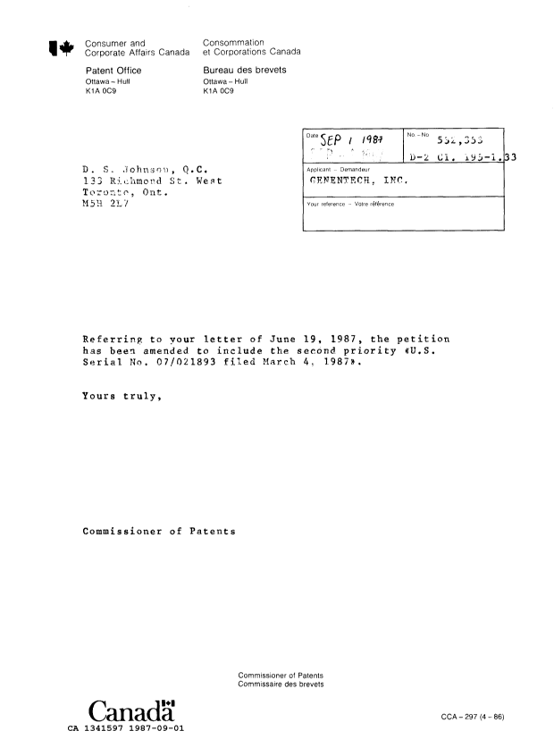 Document de brevet canadien 1341597. Lettre du bureau 19870901. Image 1 de 1