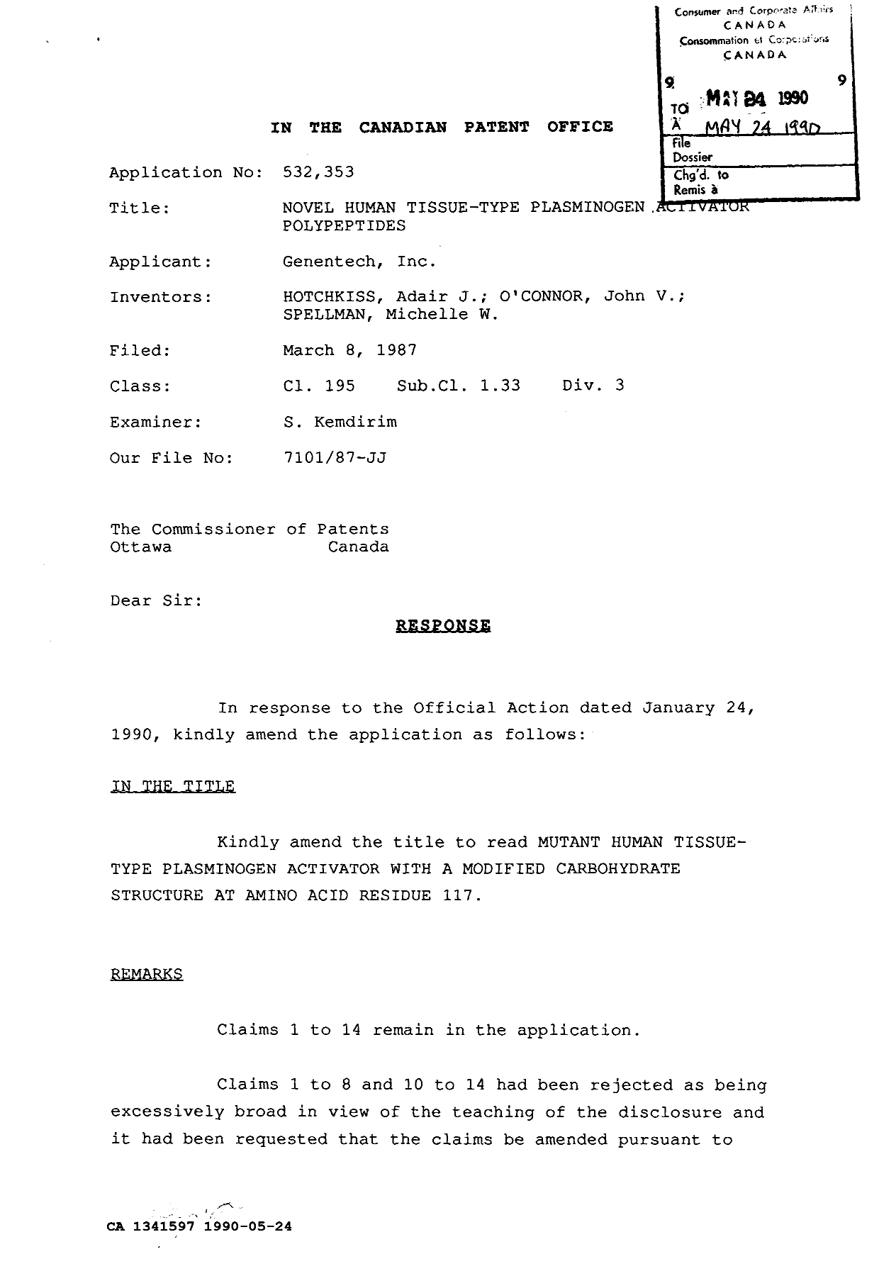 Canadian Patent Document 1341597. Prosecution Correspondence 19900524. Image 1 of 11