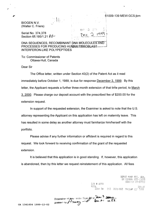 Canadian Patent Document 1341604. PCT Correspondence 19991202. Image 1 of 2