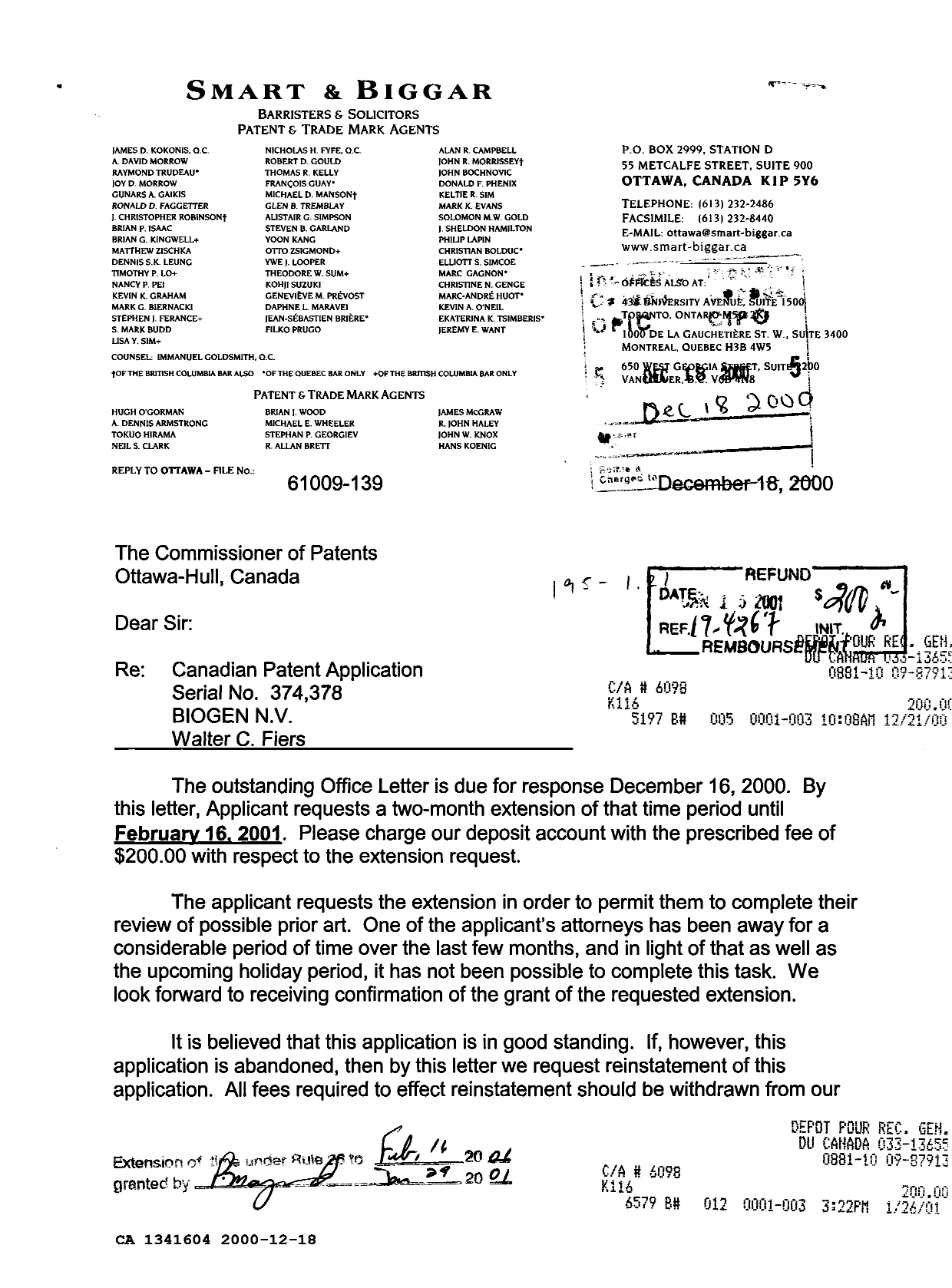Canadian Patent Document 1341604. PCT Correspondence 20001218. Image 1 of 2