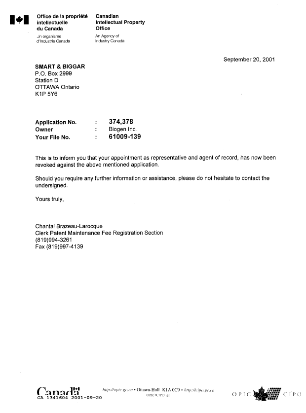 Canadian Patent Document 1341604. Office Letter 20010920. Image 1 of 1