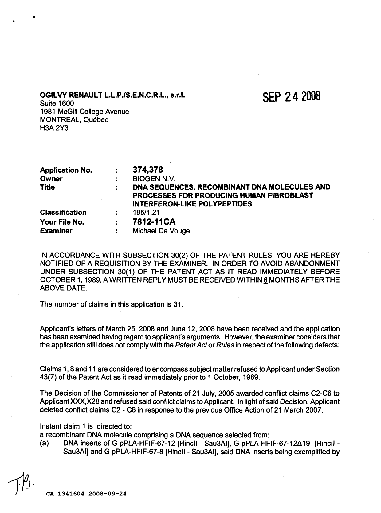Canadian Patent Document 1341604. Examiner Requisition 20080924. Image 1 of 3