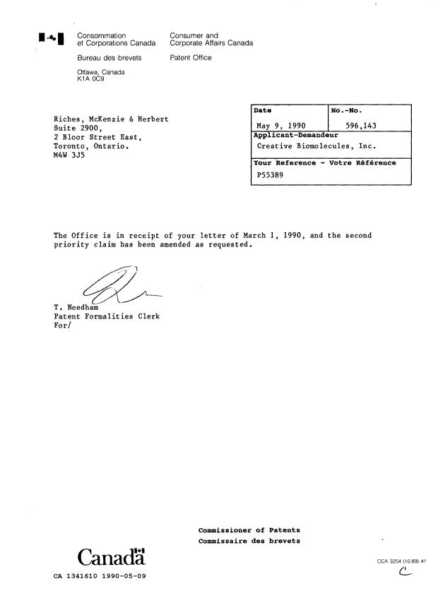 Document de brevet canadien 1341610. Lettre du bureau 19900509. Image 1 de 1