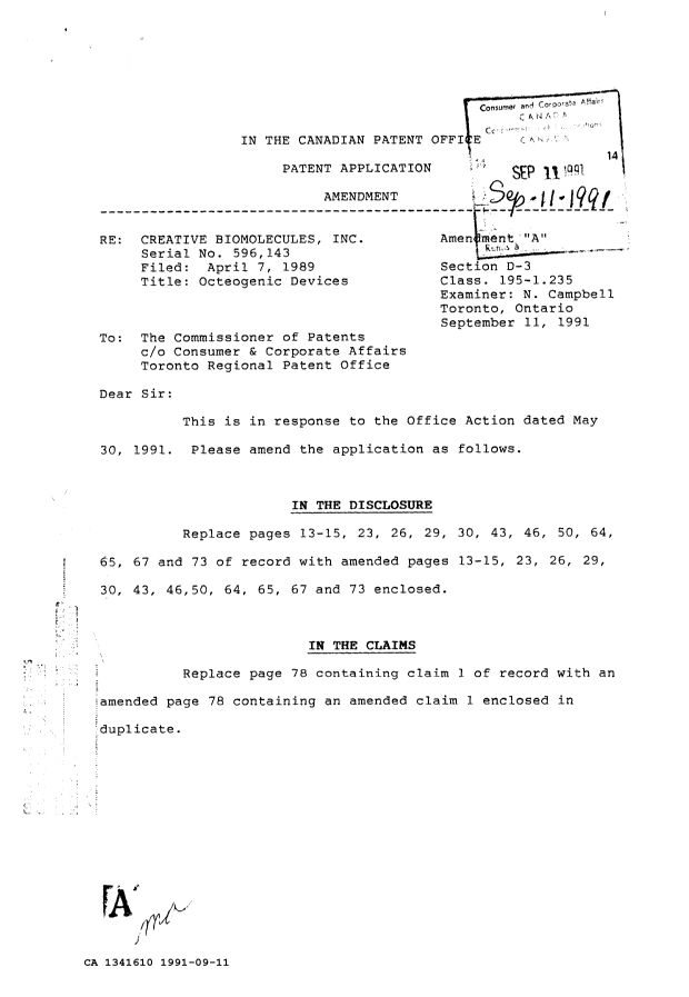 Document de brevet canadien 1341610. Correspondance de la poursuite 19910911. Image 1 de 6