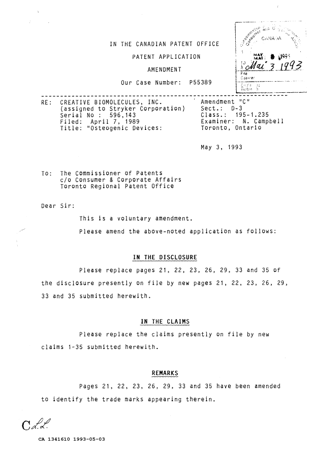 Canadian Patent Document 1341610. Prosecution Correspondence 19930503. Image 1 of 2