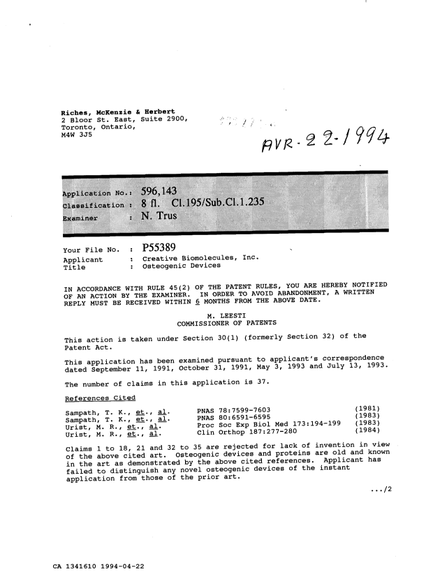 Document de brevet canadien 1341610. Demande d'examen 19940422. Image 1 de 3