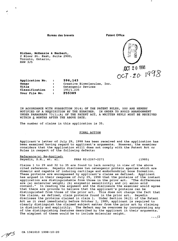 Document de brevet canadien 1341610. Demande d'examen 19981020. Image 1 de 2