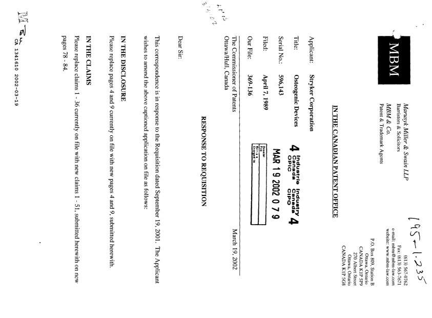 Canadian Patent Document 1341610. Prosecution Correspondence 20020319. Image 1 of 5