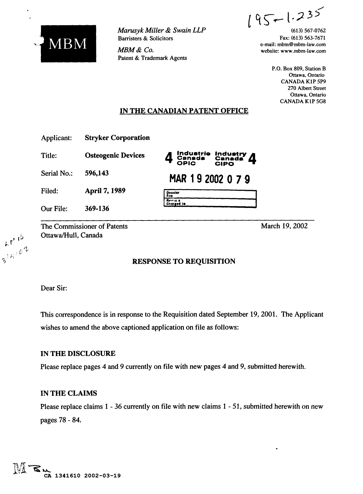 Canadian Patent Document 1341610. Prosecution Correspondence 20020319. Image 1 of 5