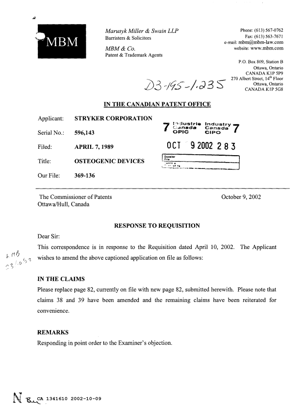 Canadian Patent Document 1341610. Prosecution Correspondence 20021009. Image 1 of 2