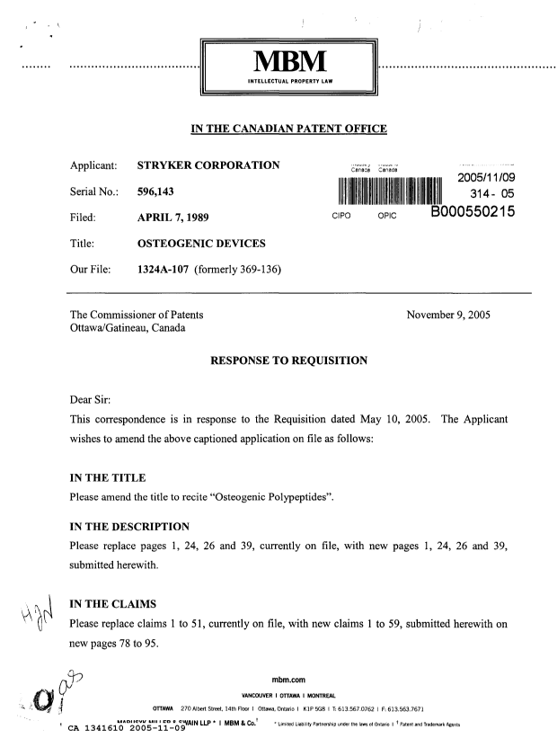 Document de brevet canadien 1341610. Correspondance de la poursuite 20051109. Image 1 de 4