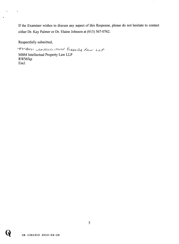 Canadian Patent Document 1341610. Prosecution Correspondence 20100426. Image 5 of 5