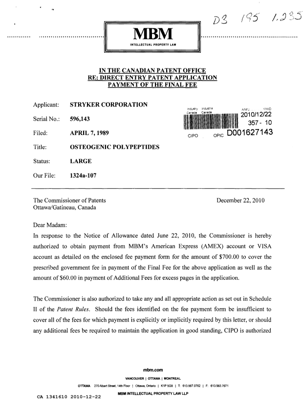 Document de brevet canadien 1341610. Correspondance reliée au PCT 20101222. Image 1 de 2