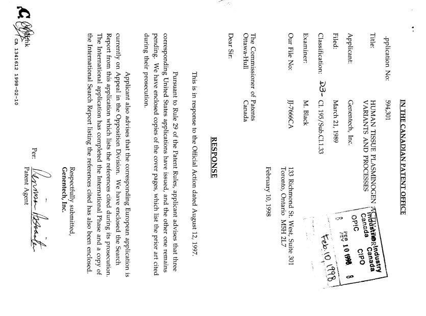 Canadian Patent Document 1341612. Prosecution Correspondence 19980210. Image 1 of 26