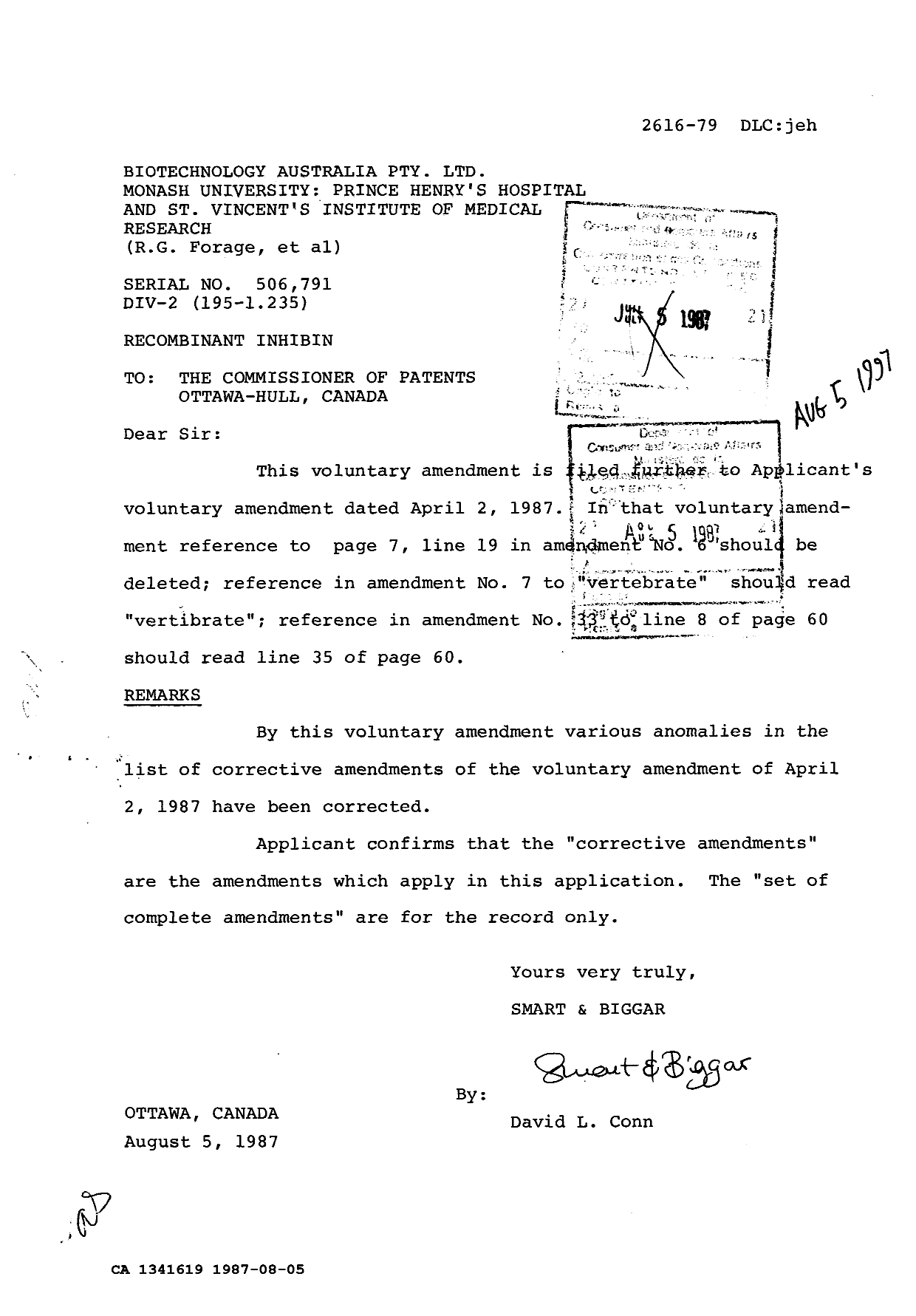 Canadian Patent Document 1341619. Prosecution Correspondence 19870805. Image 1 of 1