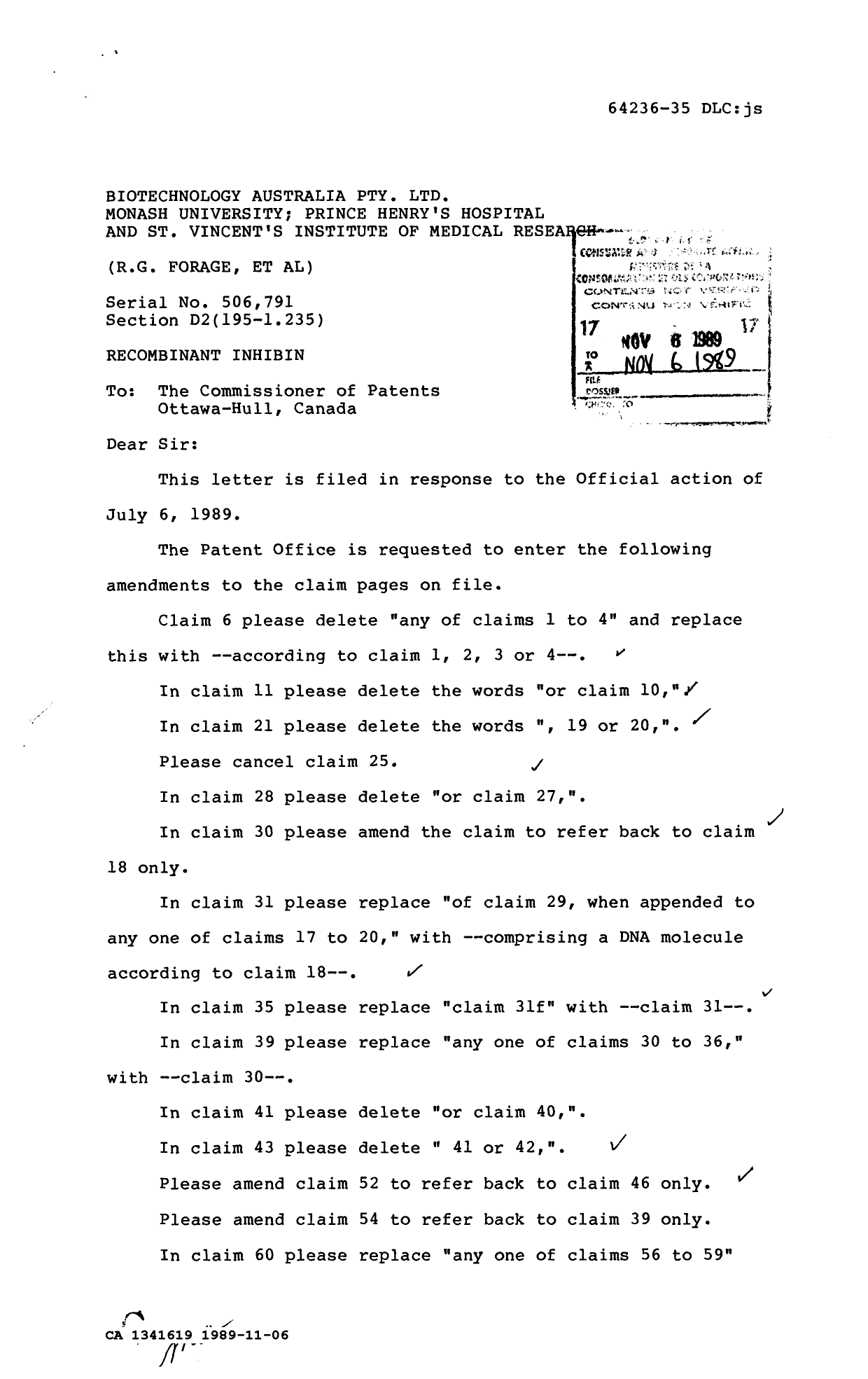 Canadian Patent Document 1341619. Prosecution Correspondence 19891106. Image 1 of 5