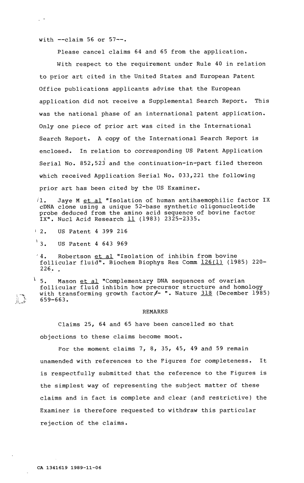 Canadian Patent Document 1341619. Prosecution Correspondence 19891106. Image 2 of 5
