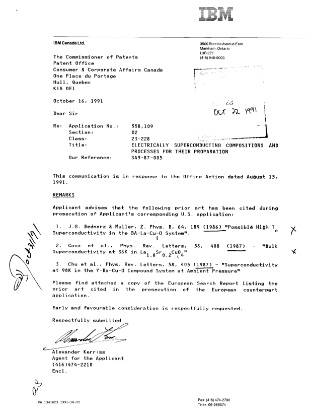 Canadian Patent Document 1341623. Prosecution Correspondence 19911022. Image 1 of 3