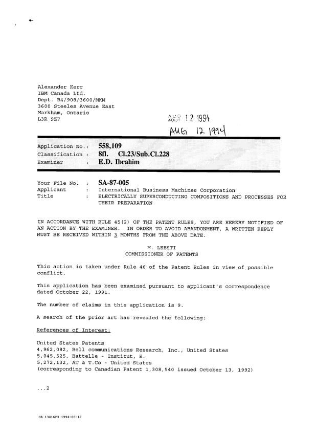Canadian Patent Document 1341623. Examiner Requisition 19940812. Image 1 of 2