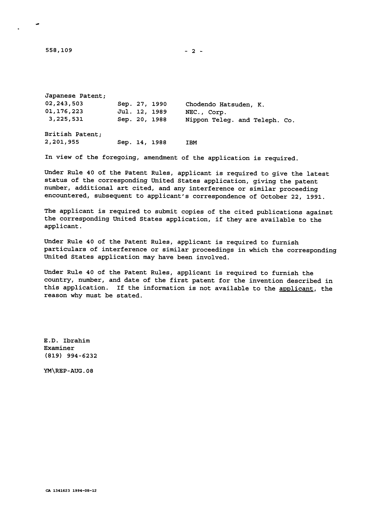 Canadian Patent Document 1341623. Examiner Requisition 19940812. Image 2 of 2